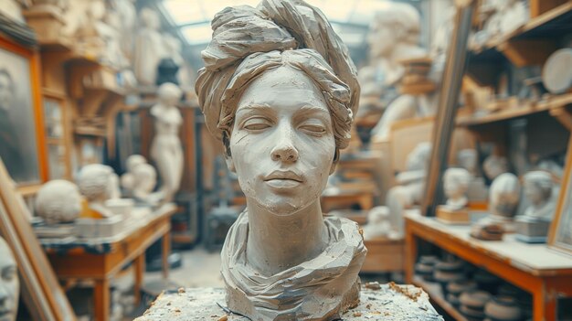 Foto scultura artistica di una donna in un ambiente di studio affollato