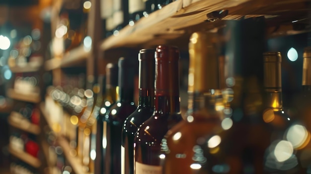 Artful wine bottles aligned on a warm bokehlit wooden shelf ambiance