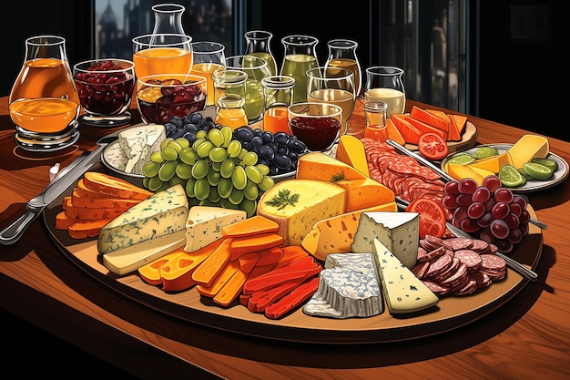 Foto formaggi ben disposti carni curate e frutta fresca aspettano su un tavolo di legno illuminato dal sole