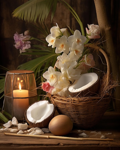 Artfully Arranged Coconuts Flowers and Soap