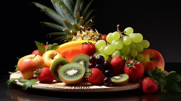 Foto un piatto di frutta con l'uva artisticamente sistemato