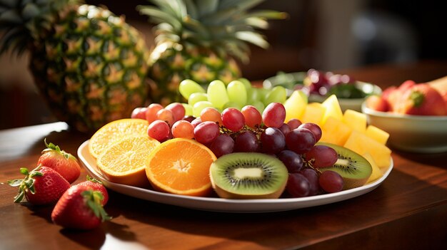 Photo artfully arranged fruit platter with grapes