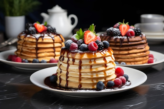 Artfully arranged pancakes on a marble tabletop a culinary masterpiece for breakfast