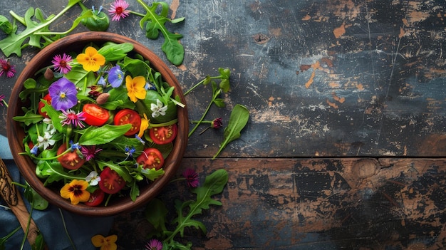 Artfully arranged salad with edible flowers and vegetables on a table aig