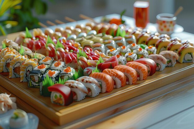 Artfully arranged sushi platter with a variety of