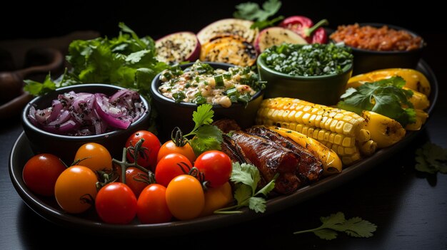 Photo artfully arranged vegetable platter with vibrant colors and textures