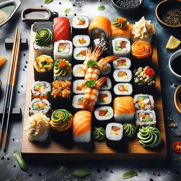 An artfully presented sushi roll platter