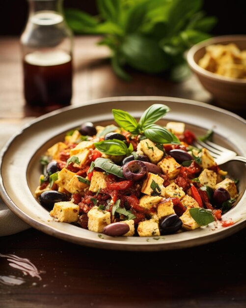 An artfully styled shot showcases a tofu scramble bursting with bold flavors thanks to the inclusion of sundried tomatoes Kalamata olives and fresh basil creating a Mediterranean flair