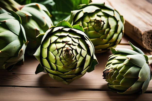 Photo artichoke close up fresh raw organic green artichokes closeup over wooden table healthy vegetaria