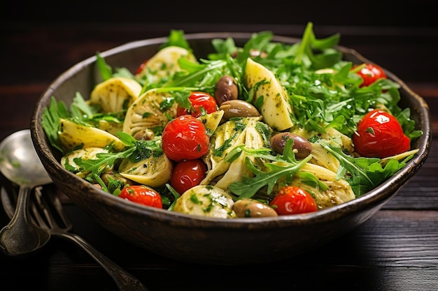 Artichoke heart salad with marinated artichoke hearts cherry tomatoes olives and arugula