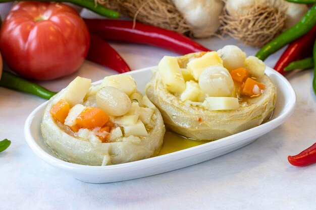 Artichoke Salad Appetizer Healthy food Traditional Turkish and Arabic cuisine meze Snack meal served alongside the main course Natural vegetarian food Local name enginar salatasi