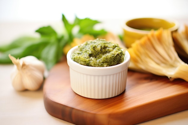 Foto artichokehartjes met pesto saus in een kleine ramekin