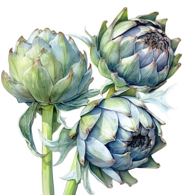 Artichokes in watercolor style with ink outline on white background generative AI