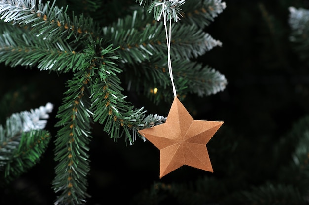 Photo artificial christmas tree and handmade asterisk