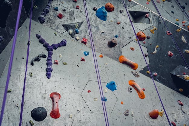 Artificial climbing wall with colorful grips and ropes