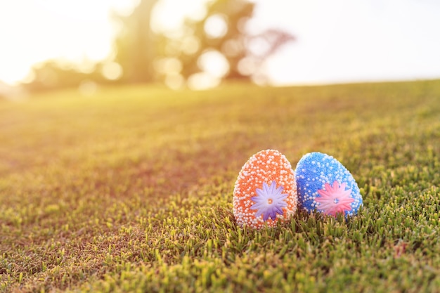 Artificial color eggs on green grass with blur bokeh and sunlight background. 