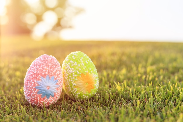 Artificial color eggs on green grass with blur bokeh and sunlight background. 