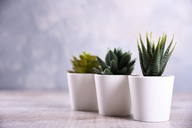 Artificial flowers grass different form in a pot on wooden table close up