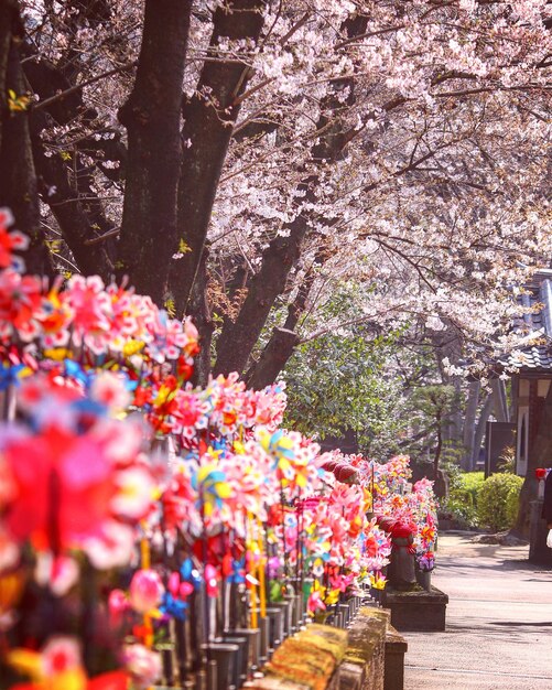 写真 公園の木の反対側のフェンスに置かれた人工花