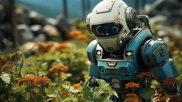 Artificial futuristic robot in green field