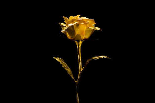 Artificial golden rose on black background.