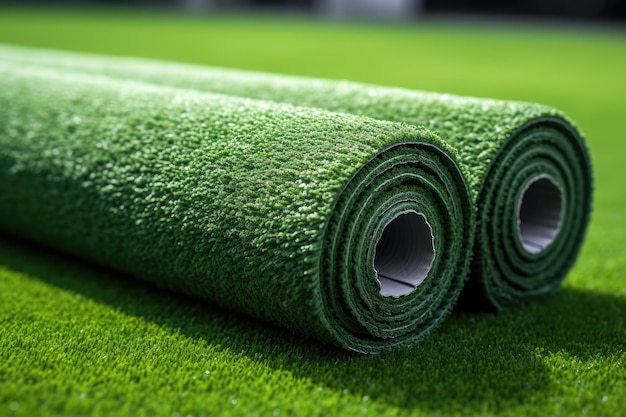 Artificial grass soccer field with green lawn background and astroturf or field turf matting