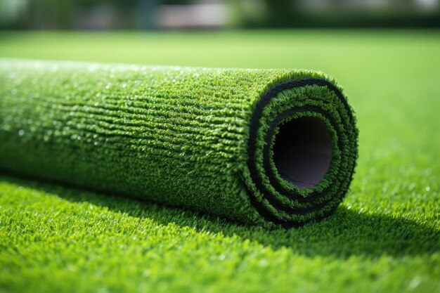 Artificial grass soccer field with workers paving the counterfeit turf on a green lawn background