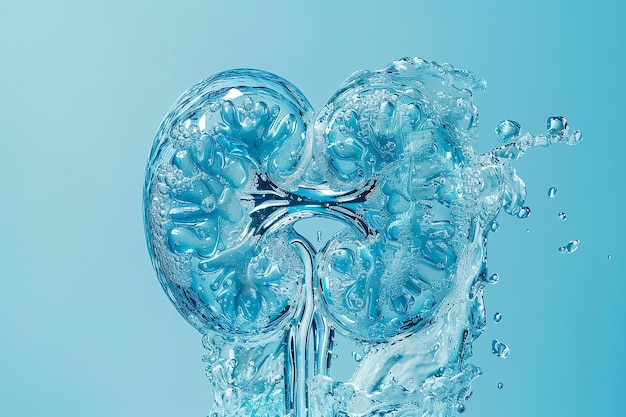 人工臓は淡い青い背景の上に水で形成され健康問題健全な臓と空間生成性人工知能 (Generative AI) 