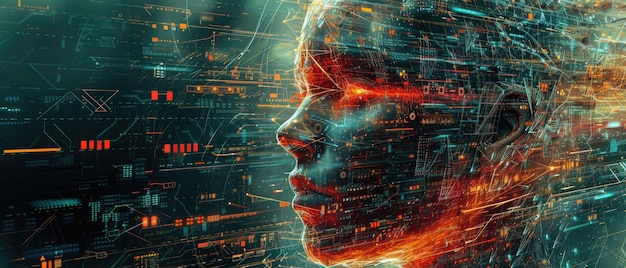 Artificial intelligence abstract tech background face of futuristic humanoid AI robot in fire Concept of digital technology cyborg war problem art future