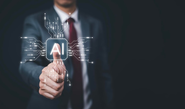 Intelligenza artificiale ai sulla rete di big data big data e banche finanziarie uomo d'affari che lavora e tocca icone della tecnologia di programmazione della codifica digitale e codice binario big data ai bot