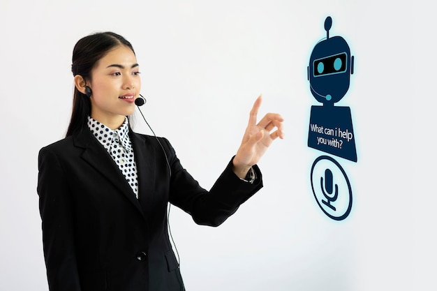 Artificial intelligence ai chat bot concept business women wear headphones to talk to chatbot