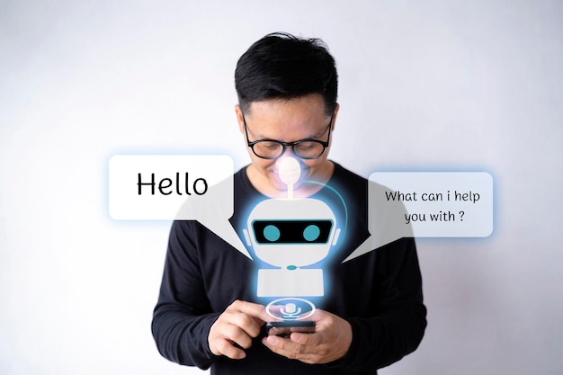 Artificial intelligence AI chat bot concept Hands holding mobile phone on blurred abstract background