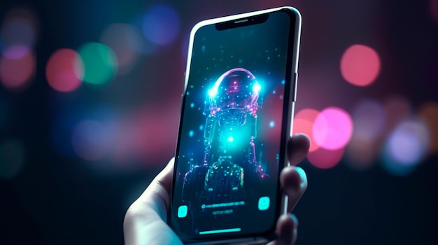 Artificial intelligence ai chat bot idea hands holding a phone against a blurred abstract background chatbot providing website support Generative AI