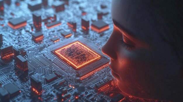 人工智能 (AI) 芯片在人类头脑中 人工智能图标与机器学习数字技能生成性人工智能 AI 技术算法虚拟智能和未来