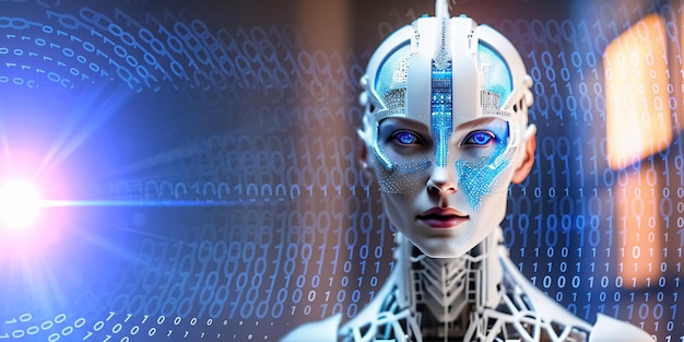 Artificial intelligence AI head with neural network brain Wise female face in cyberspace Machine learning Mind of cyborg or robot in vr reality binary background