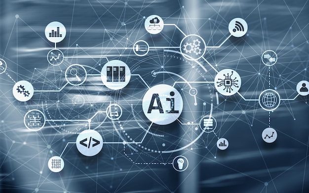 Artificial Intelligence AI Infographic illustration on fantastic computer center