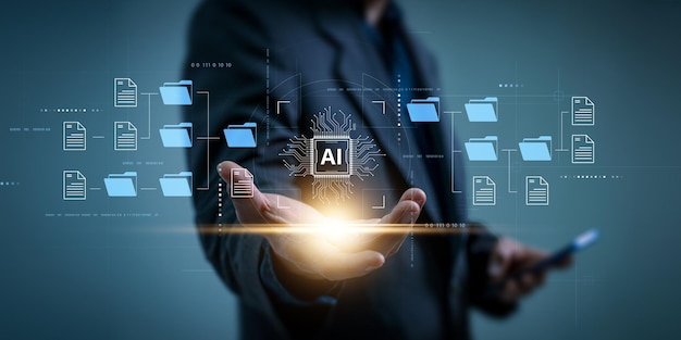 Foto l'intelligenza artificiale è utilizzata dagli uomini d'affari nei sistemi di gestione dei documenti, nei database di documentazione online e nei sistemi di archiviazione di file digitali o nella tecnologia di archiviazione di database software