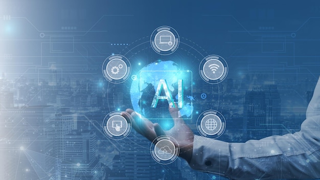 인공 지능 AI 및 기계 학습 개념 인공 지능을 들고 사업가 손