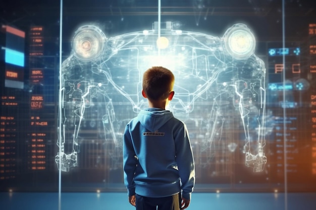 Artificial intelligence AI robot or cyborg teacher with school student child