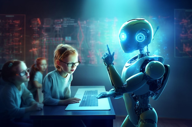 Artificial intelligence AI robot or cyborg teacher with school student child