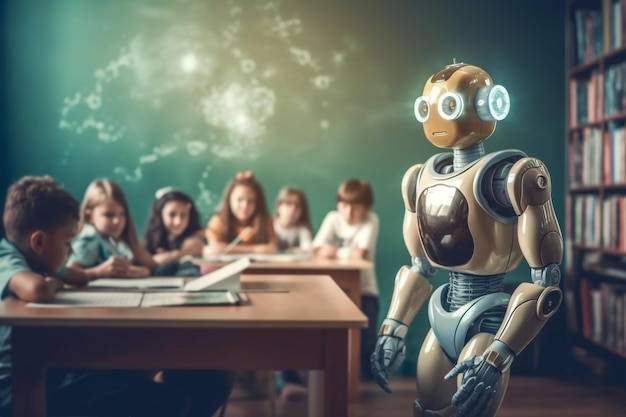 Фото Учитель с искусственным интеллектом, роботом или киборгом с школьным ребенком