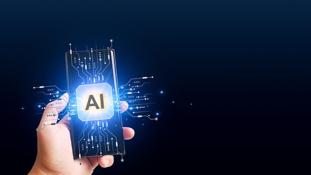 Artificial intelligence AI smartphone machine learning on dark blue background with copy space modern computer technologies concept