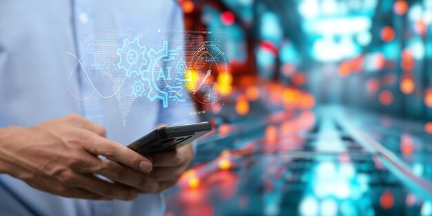 artificial intelligence ai technology using technology smart robot ai artificial intelligence by enter command prompt for generates something chat with ai futuristic technology transformation