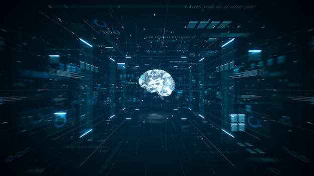 Artificial intelligence brain animation. Digital brain big data deep learning computer machine. Animation big data concept. Big data flow analysis. Artificial intelligence digital brain. 3d render.