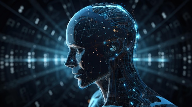 Состав искусственного интеллекта хромированного робота-киборга на темном фоне изолирует сгенерированный ИИ