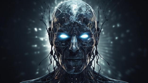 어두운 배경에 있는 크롬 사이보그 로봇의 인공 지능 구성은 AI를 생성했습니다.