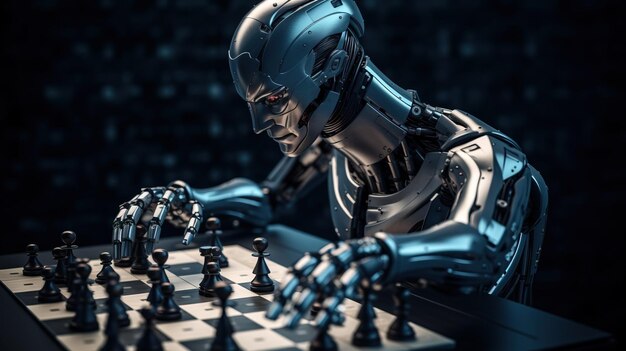 Artificial intelligence composition of a chrome cyborg robot on a dark background isolate AI generated