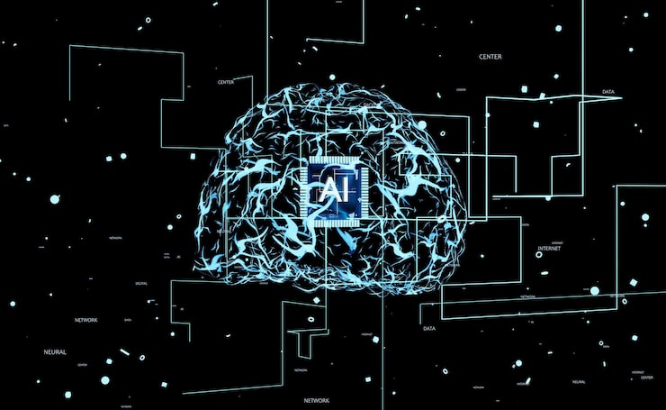 Photo artificial intelligence computing simulating human brain thought processes in computerized model. ai visualization showing machine learning algorithms using pattern recognition, 3d render animation