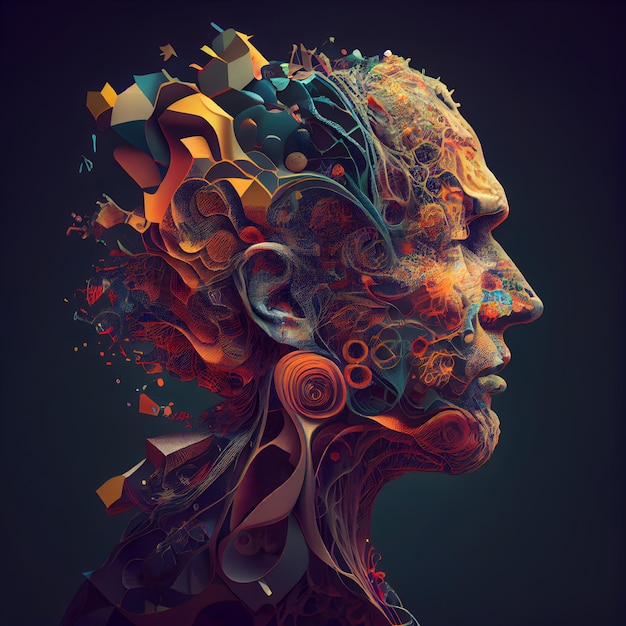 Artificial intelligence concept 3D rendering of human head with colorful abstract background