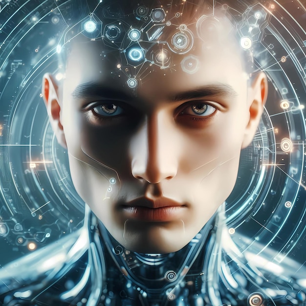 Foto concetto di intelligenza artificiale android artificiale in colori blu